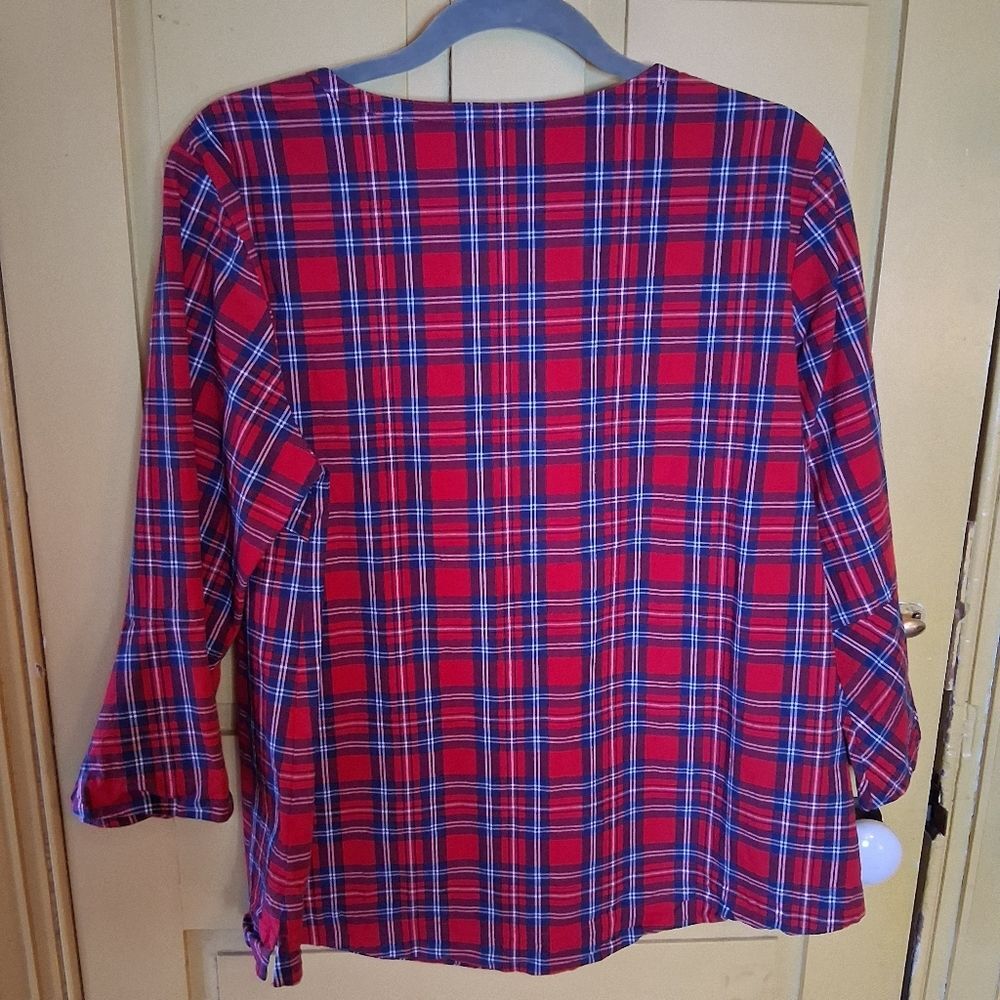 Draper James Red and Black Plaid Stretch Cotton Blouse With Ruffled Placket Sz L - Picture 14 of 14
